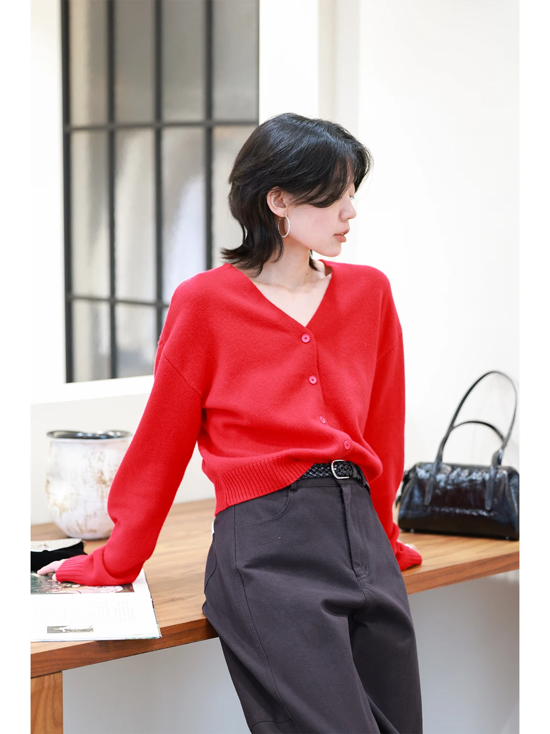 

Lightweight V-Ne Full Wool Knitted Cardigan Women's Faion Layering Slimming Red Sweater Soft Long Sve Winter Top