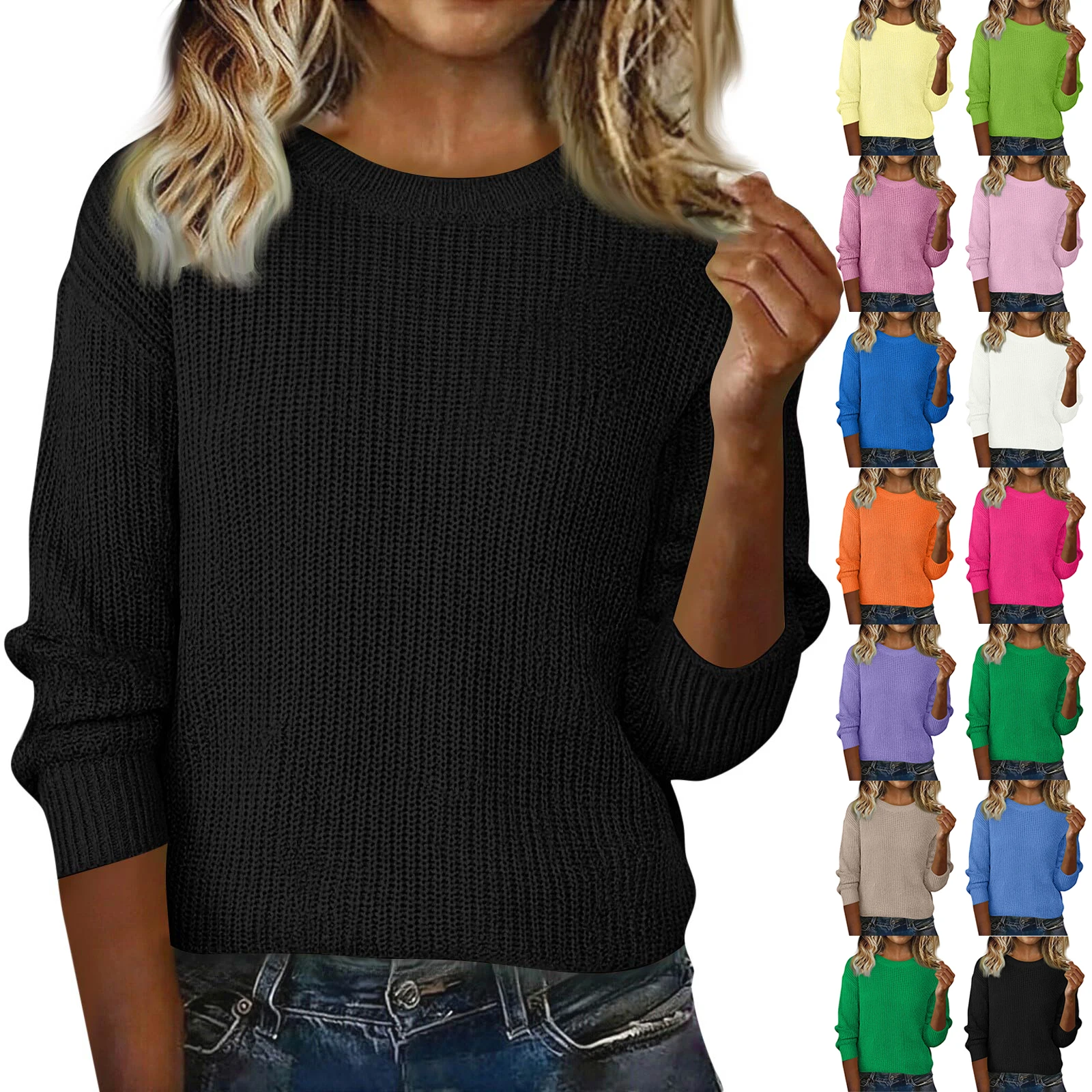 سترة نسائية موضة 2025 غير رسمية برقبة دائرية وأكمام طويلة سترة علوية فضفاضة بلون سادة سترة محبوكة بألوان متعددة