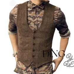 Herringbone Tweed U Neck Men's Vests Double-breasted Suit Men Waistcoat Punk Groomman Wedding Fashion Men's Casual Waistcoat