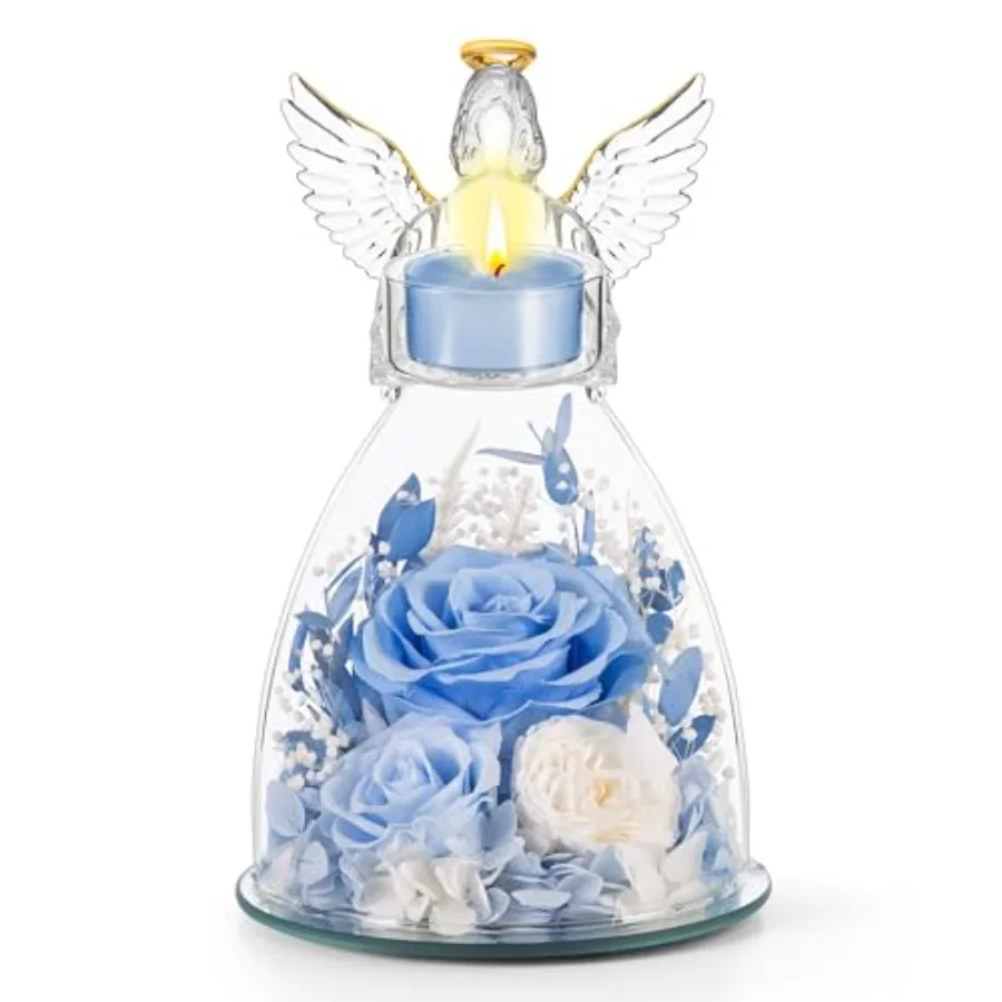 

Mothers Day Roses Gifts for Mom, Preserved Roses in Glass Angel Figurines With Tealight Candle Holder, Fresh Flowers for Delive