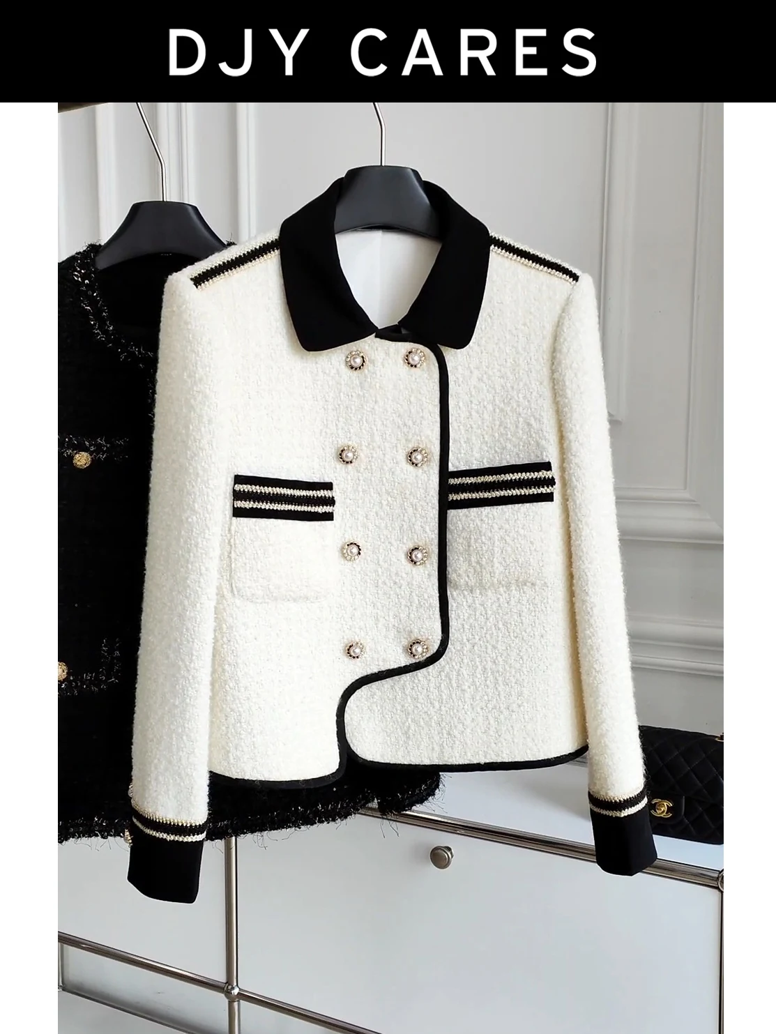 

New Bold tweed double breasted black and white jacket for a stylish look