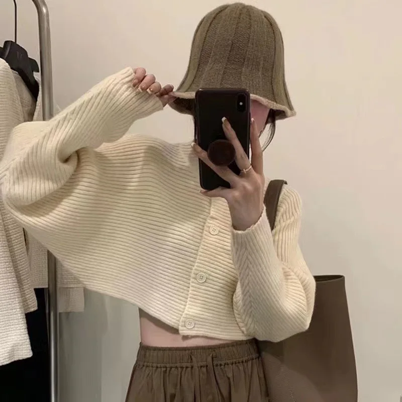 

Elegant Women's Knit Sweater Round Neck Batwing Sleeve Loose Fit Idle Style Cropped Top For Autumn/winter E2501