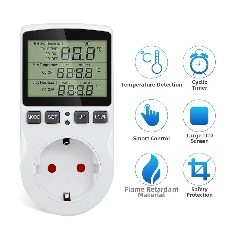 Soket Timer Digital dengan Desain Ringkas, Pengontrol Suhu, Sensor Probe, dan Thermostat