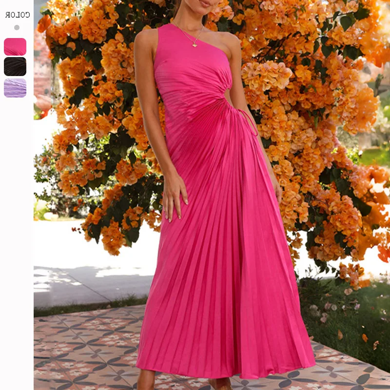 Hot selling  spring/summer new fashionable slim fit single shoulder hollowed out pleated formal dress2024