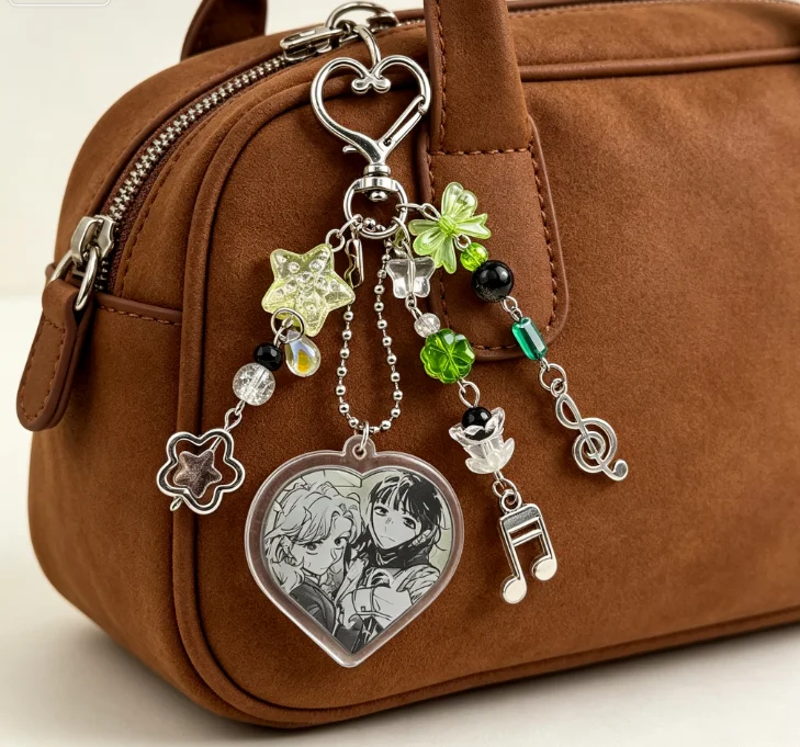 Manga the guy she was interested in wasn't a guy at all Heart Acrylic Tag with Flower & Clover Pendants Coquette Y2K Aesthetic