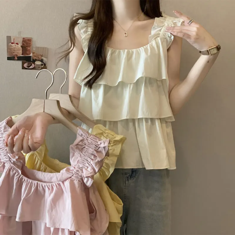 

Casual Sweet Ruffles Patchwork Tanks Summer French Style Female Clothing Sleeveless Stylish Shirring Elegant Square Collar Camis