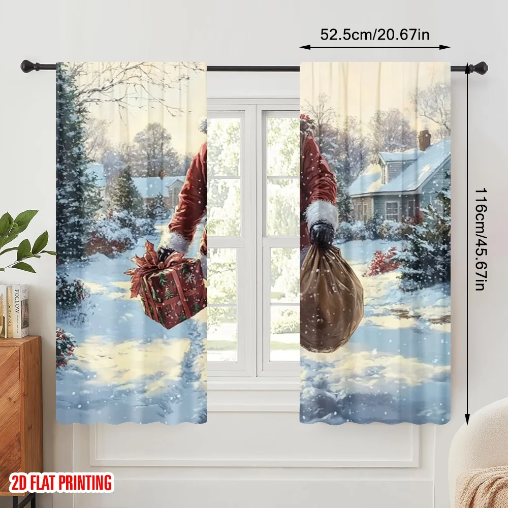 2pcs,2D plane printing Creative Curtains Santa Claus Walking Snowy Woods Gift (2) Versatile 100% Polyester (without rod)