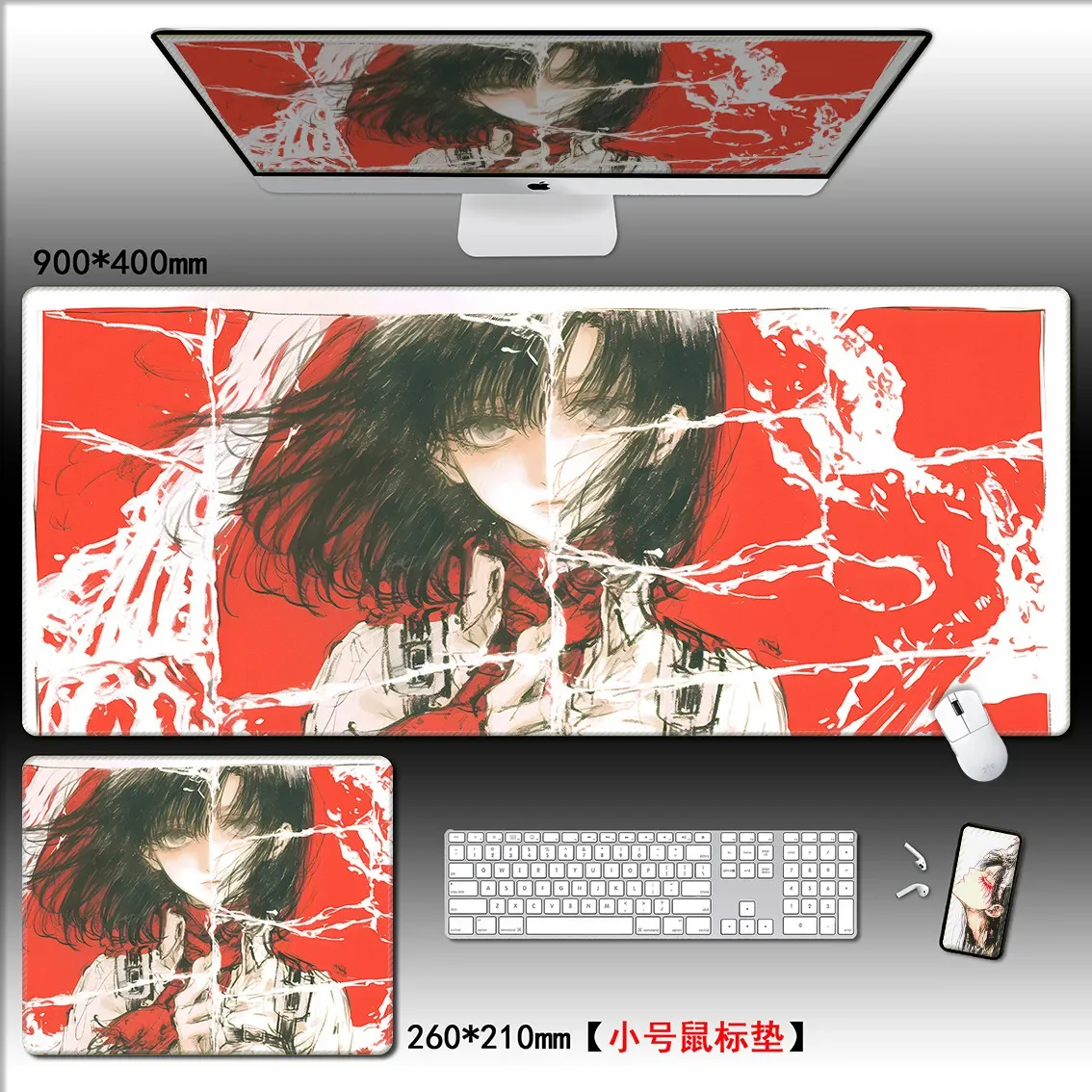 Handgetekende Anime Boy XXL PU lederen bureaumat |   Gaming grote muismat voor toetsenbord, stijlvolle cartoon E-Sports bureau decor