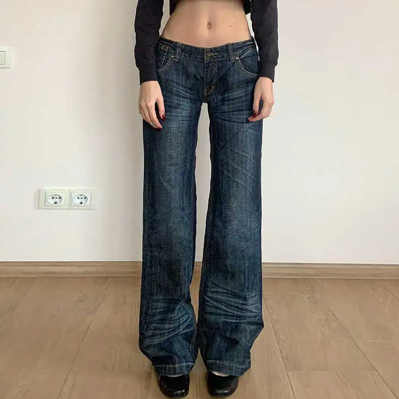 Women's Jean Straight Baggy Blue Bleach Denim Pants Grunge Y2K Japanese Harajuku 2000s High Street American Retro Wide Fit New