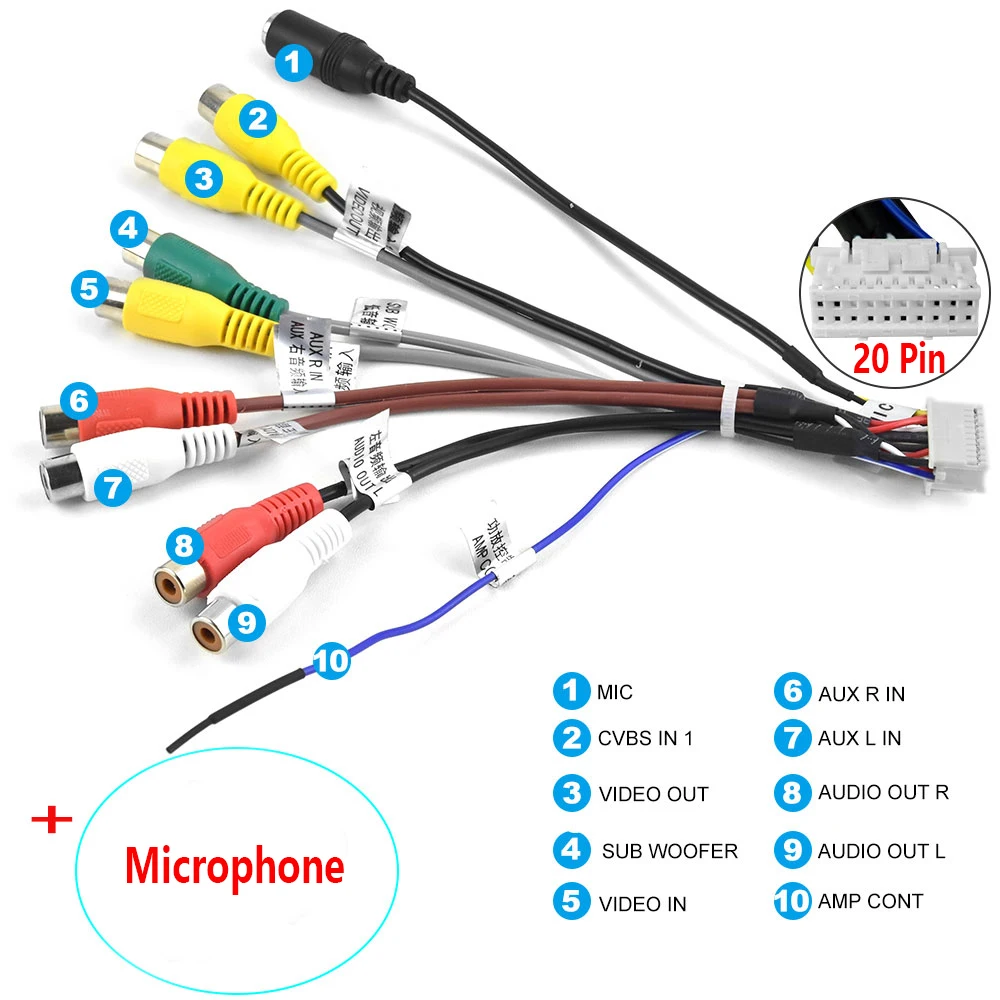 Ptopoyun 2 Din Android Car Radio 3.5mm Microphone Subwoofer Wires Mic 20 Pin RCA Cable For Android Stereo Output Subwoofer Kit