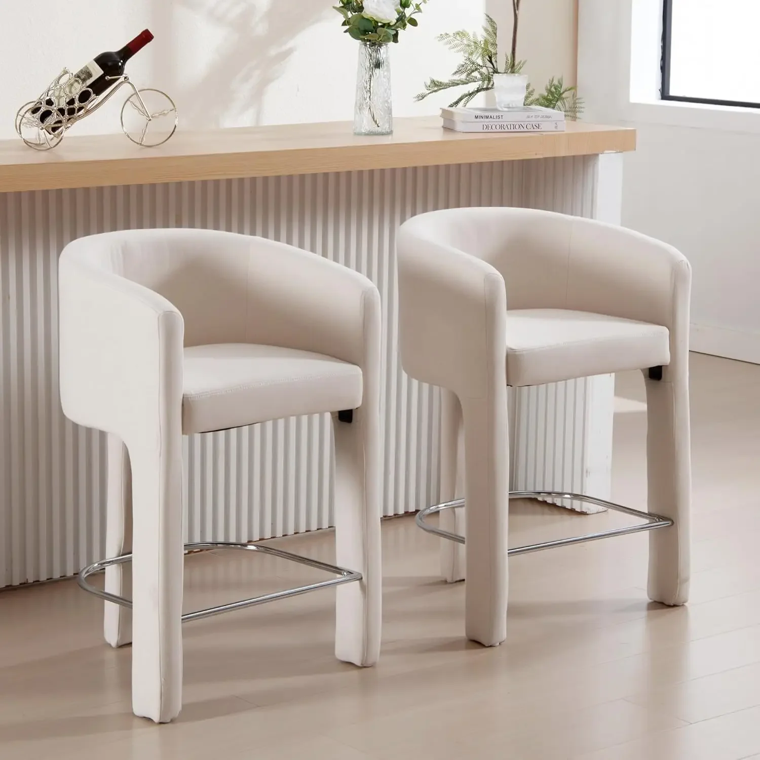 Modern Upholstered Counter Height Bar Stools Set of 3, 26 Inch Linen Bar Stools with Open Back Comfortable Breakfast Bar Chairs