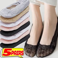 1/5 pares de calcetines cortos de encaje con flores para mujer, calcetines tobilleros antideslizantes de silicona de verano, zapatilla Invisible, calcetines de barco huecos de algodón para mujer