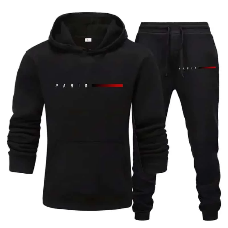 

Men's Fall/Winter Casual Sport Set – 2-Piece Hoodie & Pant with Paris Gradient Stripe Print, Regular Fit Outdoor Sportswear