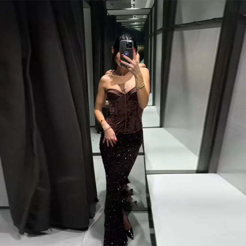 

Elegant Burgundy Velvet Strapless Corset Top Women's Sexy Versatile Slimming Bustier Autumn Exquisite Retro Night Party Shirt