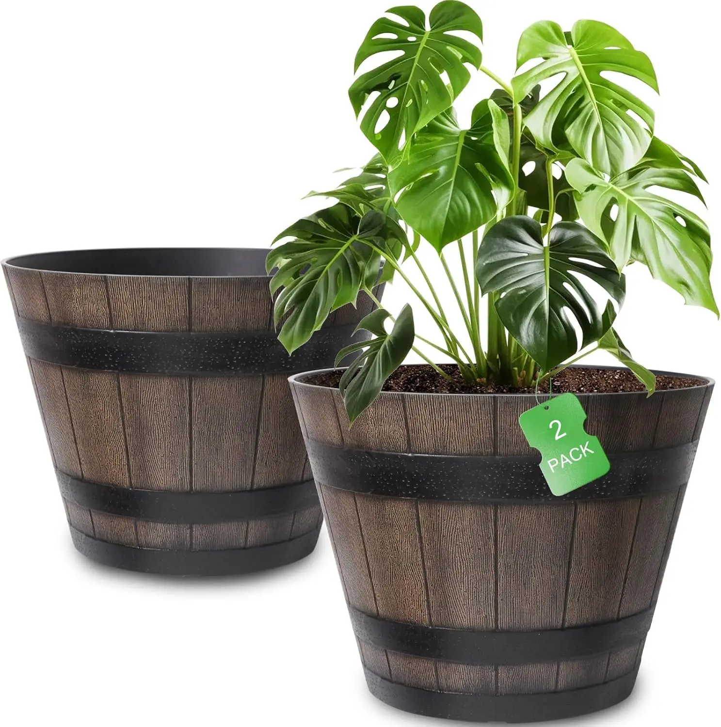 20 Inch Whiskey Barrel Planters 2 Pack, Large Plastic Pots with Wood Design, Customized
