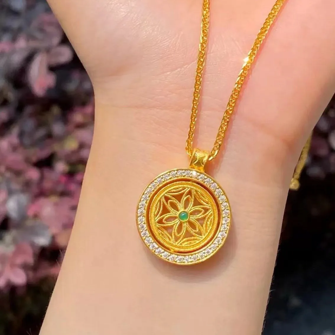 Luxury 24K 9999 Pure Gold real gold Women's Rotatable Time-running Eight Treasure Compasses Pendant Necklace