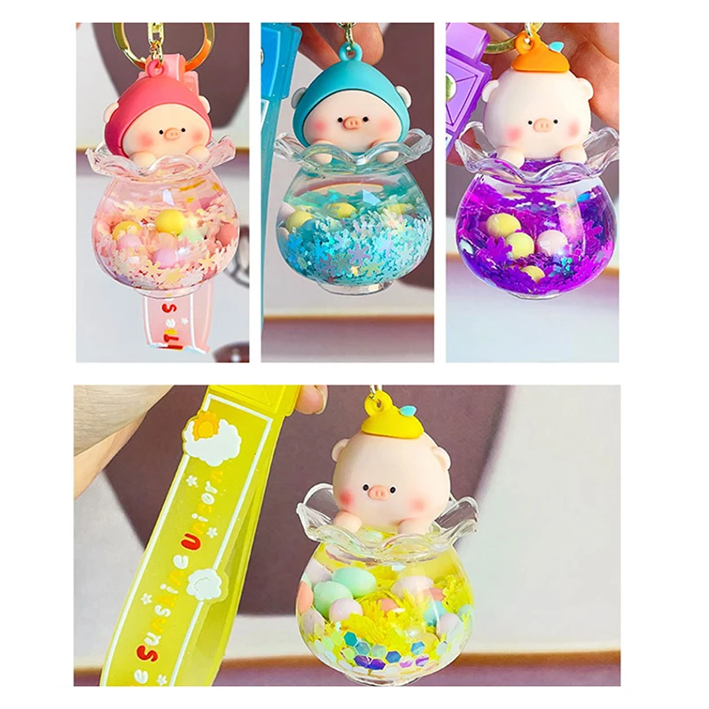 Cute Little Pig In Oil Quicksand Fish Tank Drift Bottle Keychain Female Cute Exquisite Bag Key Chain