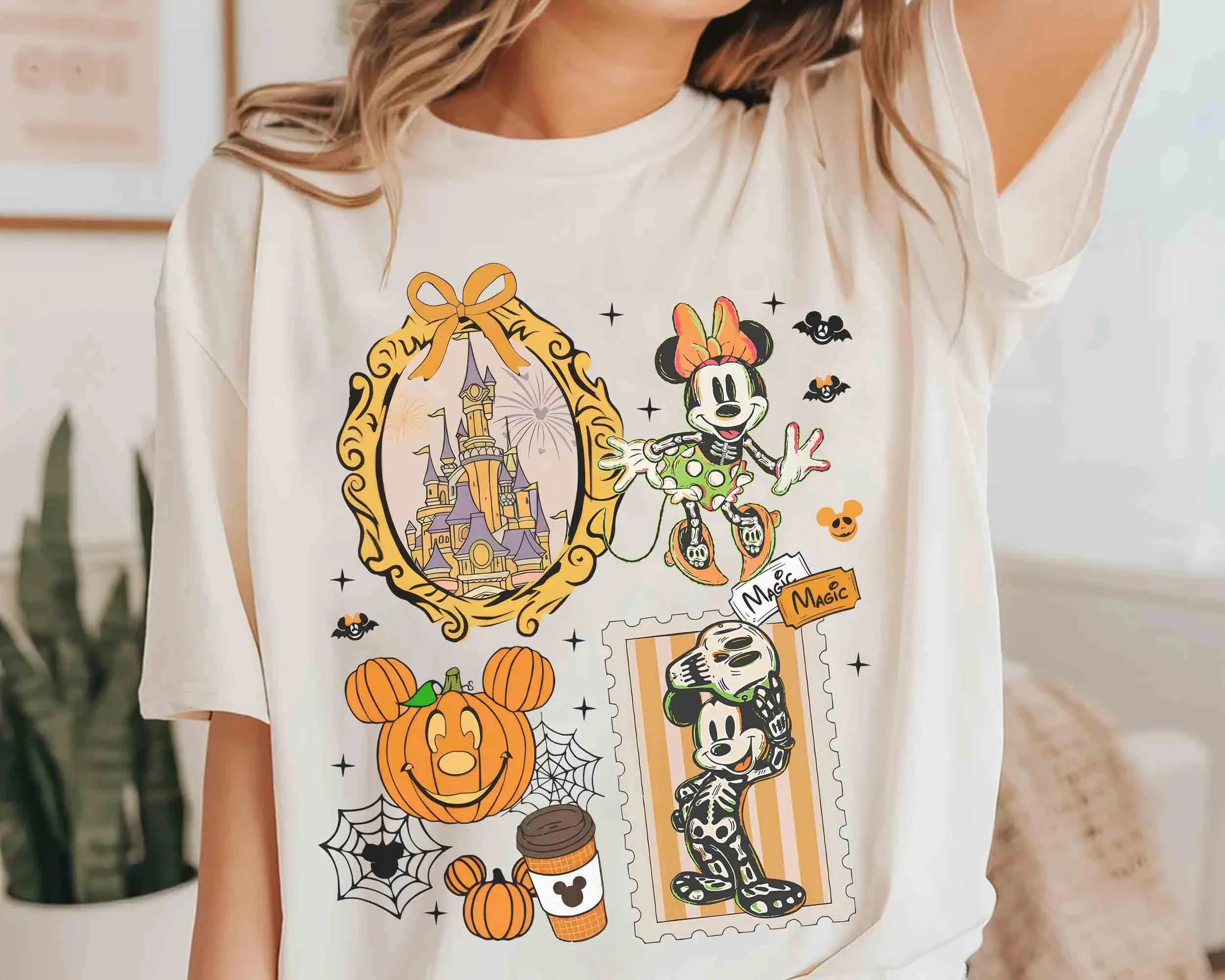 

Coquette Disney Castle Mickey Minnie Skeleton Halloween T-shirt Mickey's Not So Scary Party Matching Tee