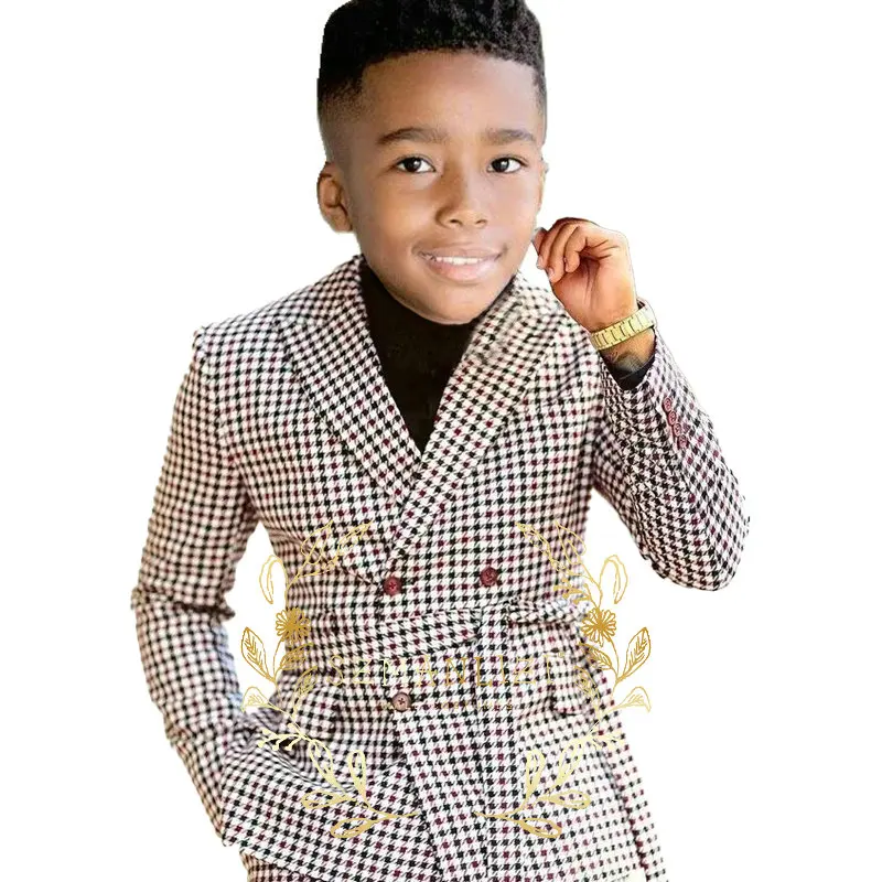 

Plaid Boys Suit Double Breasted Jacket Pants Belt 2 Piece Set Prom Party Flower Suits For Boy Formal Wedding Tuxedo Blazer Kids