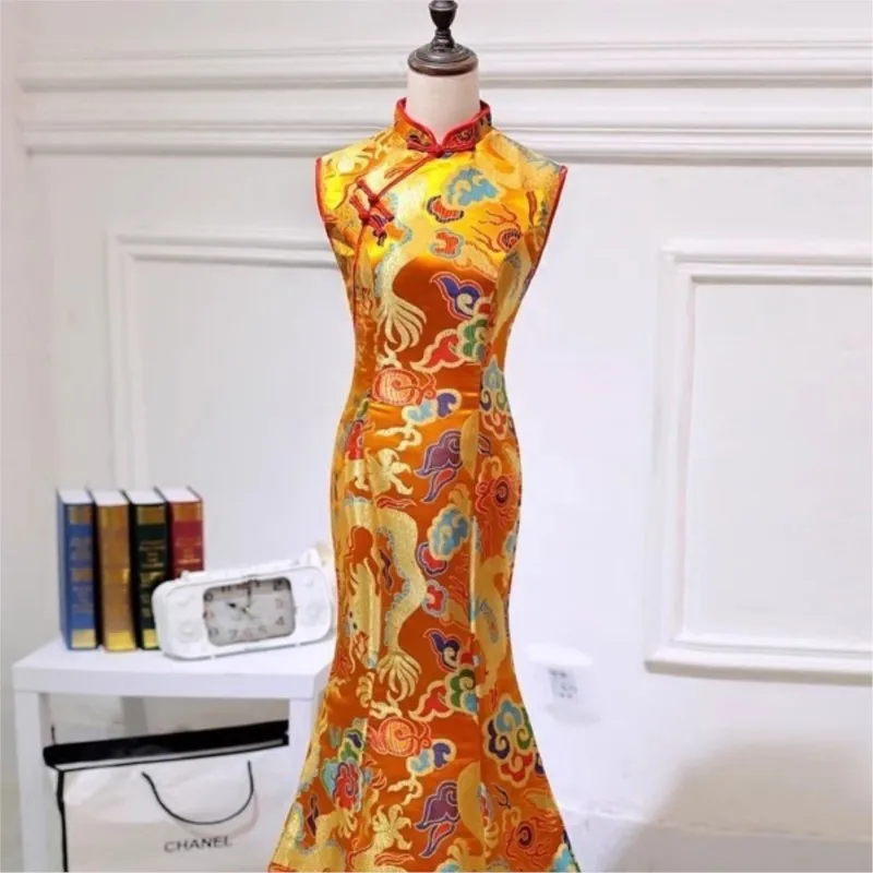 Chinese-style performance costumes wedding toasting fish-tail cheongsams sleeveless dragon and phoenix brocade women