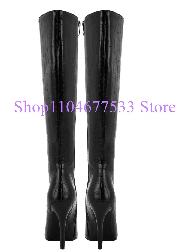 مثير الأسود التمساح طباعة جلد امرأة أحذية طويلة موضة أشار تو كعب رقيقة سيدة حذاء برقبة للركبة جديد مأدبة أحذية الحفلات