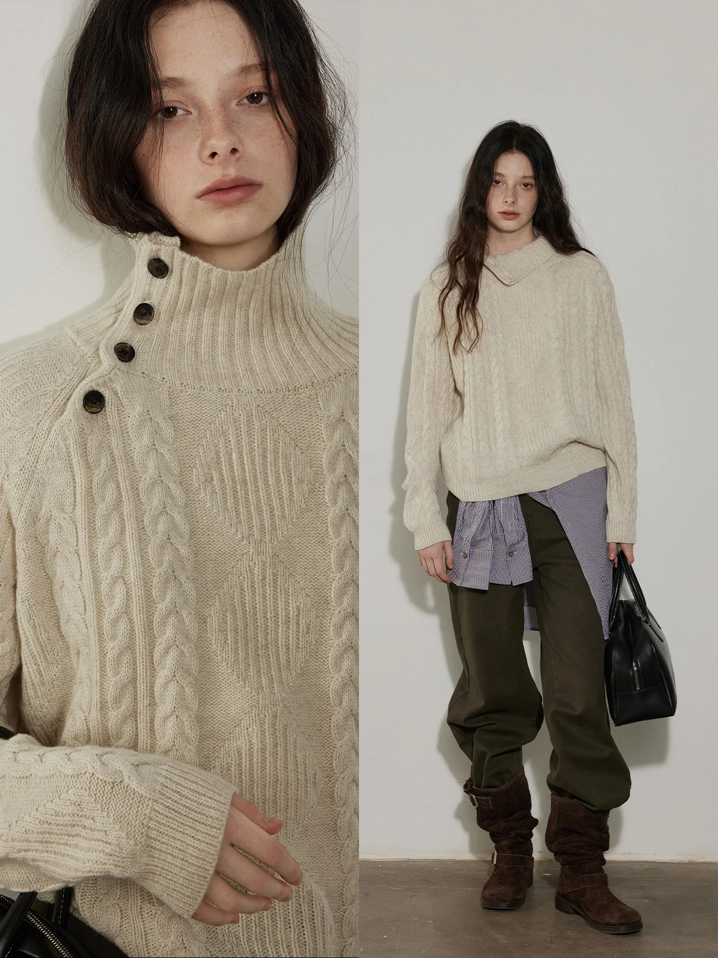 

2025 Winter New Style Women's Thickened High Collar Knitted Sweater Soft Cozy Overhead Retro Twill Patterned Button Design