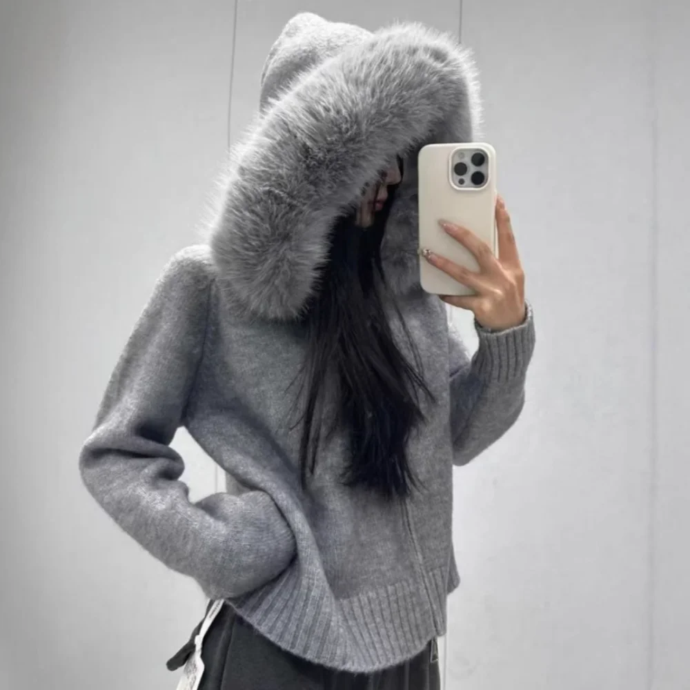 

Women's Knit Sweater Jacket, New Autumn/Winter Korean Style High-End Hooded Fur-Trimmed Zipper Loose Long Sleeve Cardigan