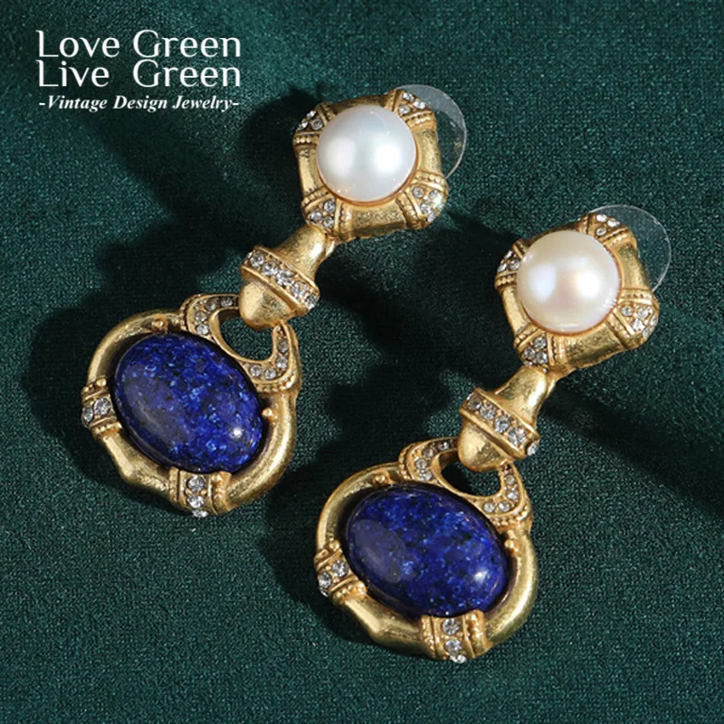 

Vintage Palace Lapis Lazuli Drop Earring Pearl Gold Color Rhinestone Quality Luxury Designer Jewelry Gifts Trendy Trends 2025