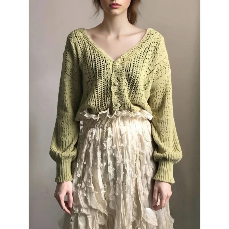 

Осенний милый кардиган, женский элегантный вязаный топ с v-образным вырезом, повседневный ажурный свитер с длинными рукавами, осень 2024, трикотаж в корейском стиле
