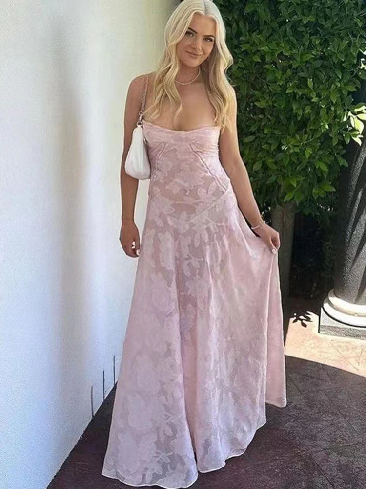 Mikydely Pink Lace Maxi Dress Women Sleeveless Summer Party Dresses Women A Line Elegant Long Evening Dresses Women Lace Pink