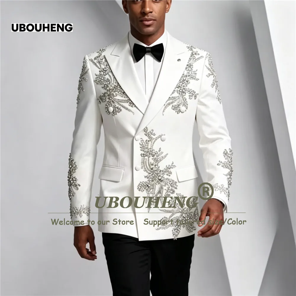 Luxury Groom Suit For Wedding Diamond Stones Embroidery Prom Blazer Customized Double Breasted Jacket Pants 2 Pieces Man Tuxedo