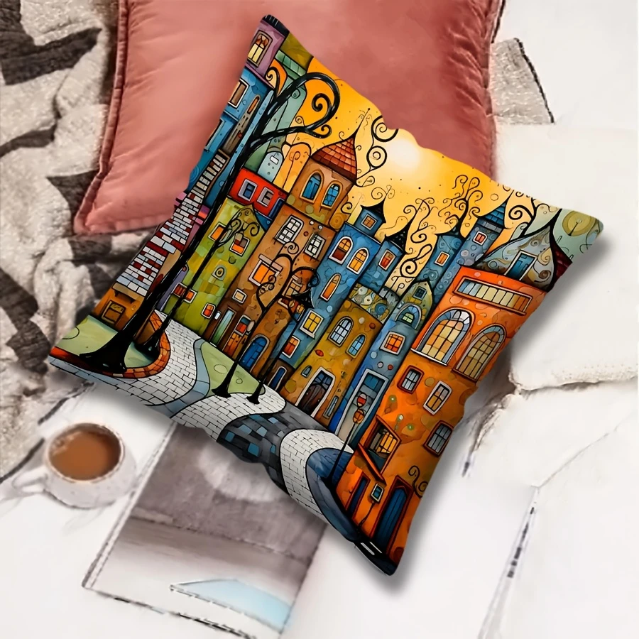 Verspielte Bunte Stadtbild-Kissenhülle mit Cartoon-Märchenstadt-Druck, Kissenbezug für Sofa, Couch, Boho, Eklektische Wohnraumdekoration