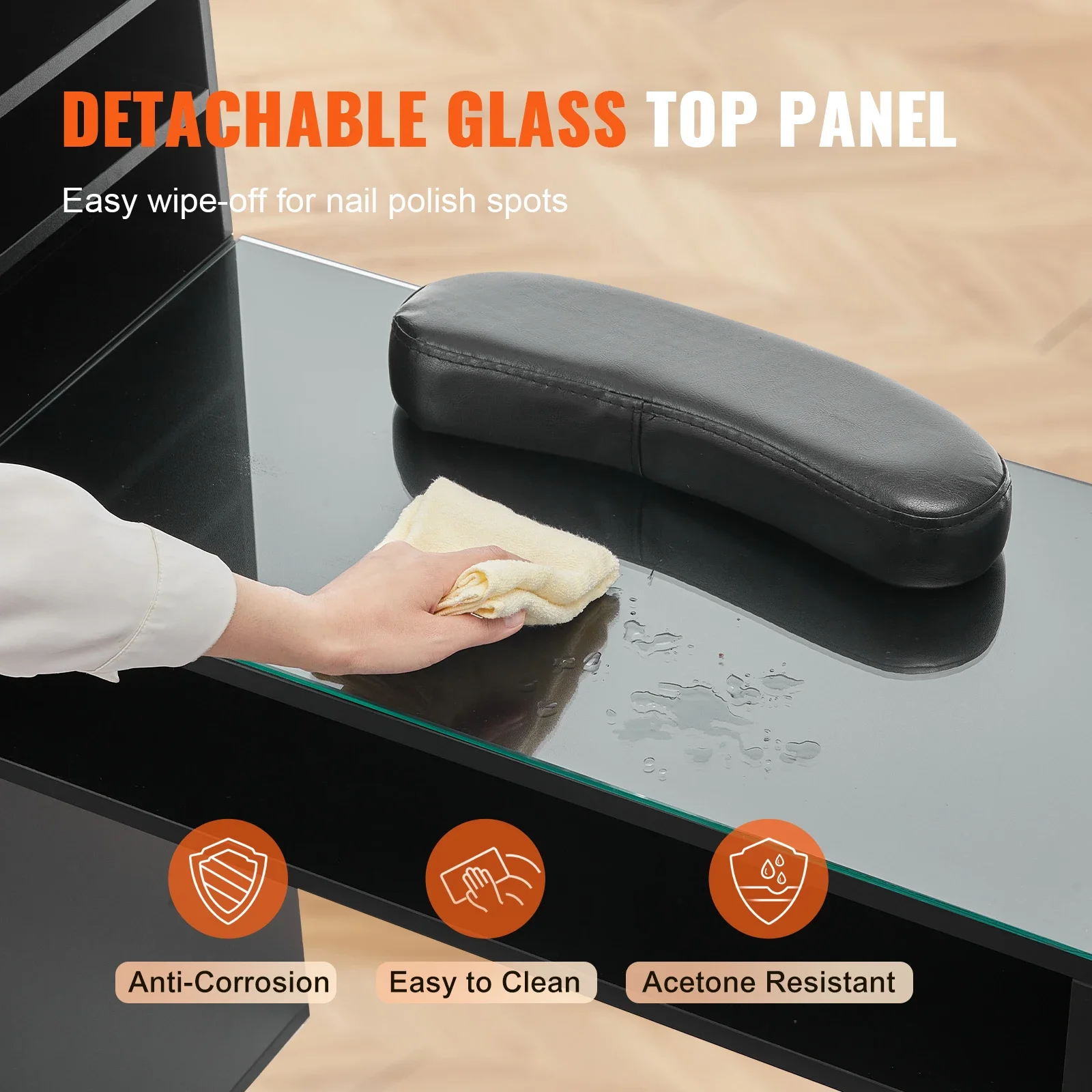 Factory Direct 2026 Manicure Table Glass Top Nail Desk Makeup Dressing with Storage Cabinet Acetone Resistant