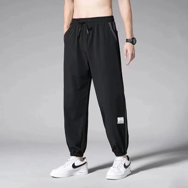 Men's Summer Ice Silk Thin Spor Casual Long Pants Outerwear Trendy Brand Nine-Point Korean Version Cuffed Pants
