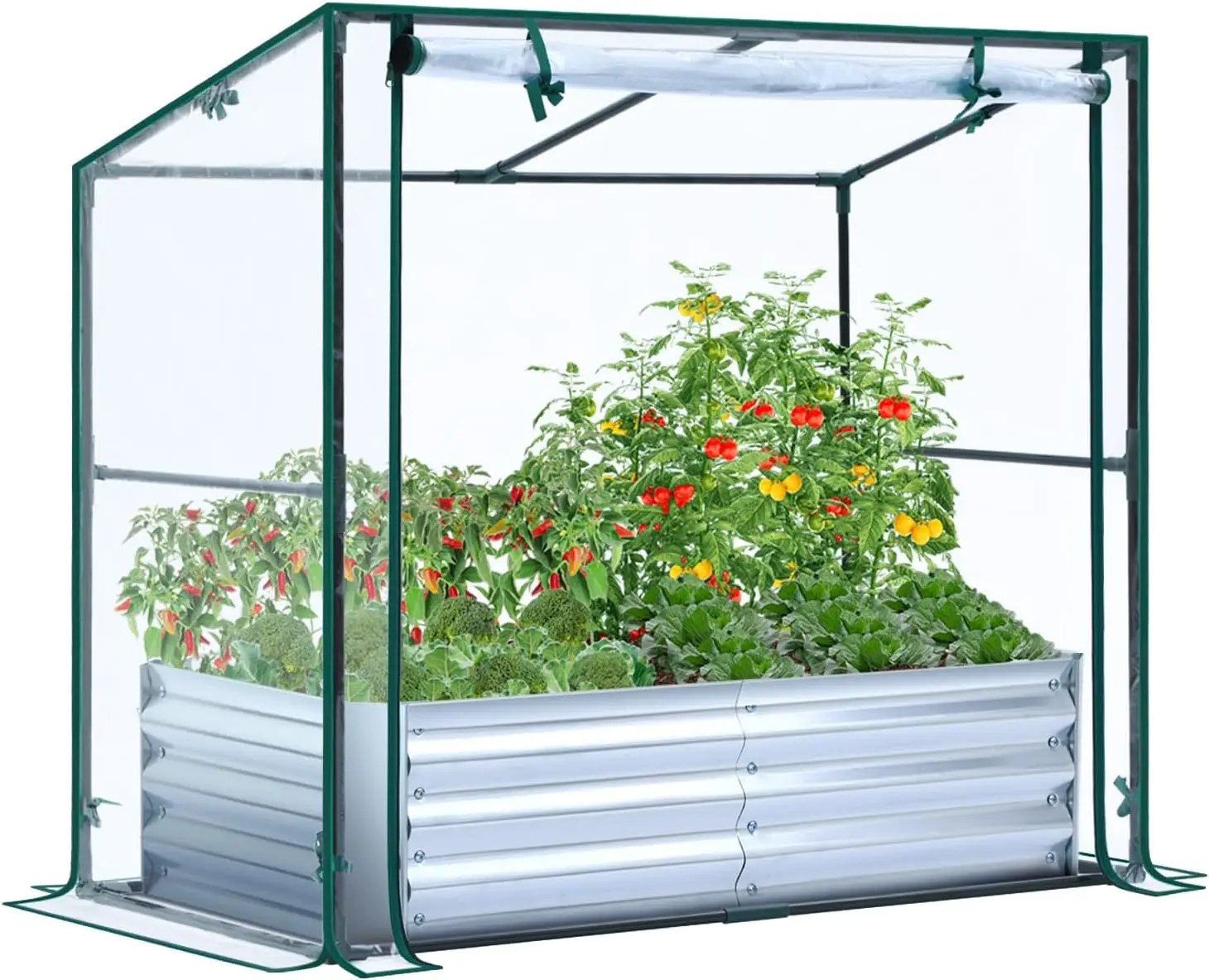 

Raised Garden Bed with Greenhouse, 4x2x1 FT Galvanized Metal Planter Box with PVC Cover, Protects Plants from Frost Birds Insect