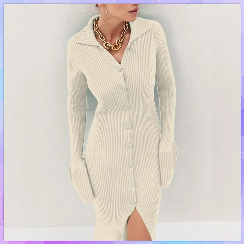 

Женское трикотажное платье Y2K, однобортное элегантное облегающее платье с отложным воротником и рукавами «Лантер», с разрезом средней длины