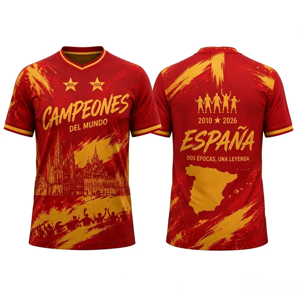 Summer Spain Champions 2010 2026 Tribute Jersey Red Gold Soccer Fan Shirt Unisex Short Sleeve Football Sports Breathable Tee