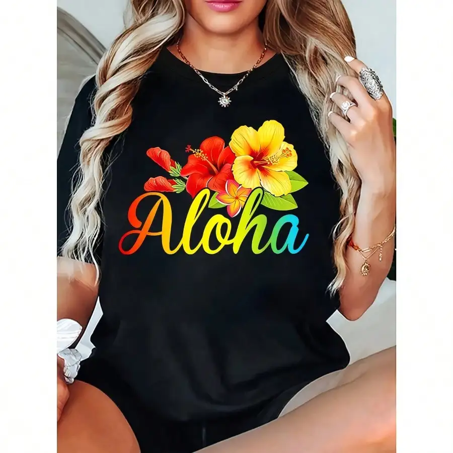 알로하 하와이안 바캉스 플로럴 패턴 프린트 반소매 라운드넥 티셔츠