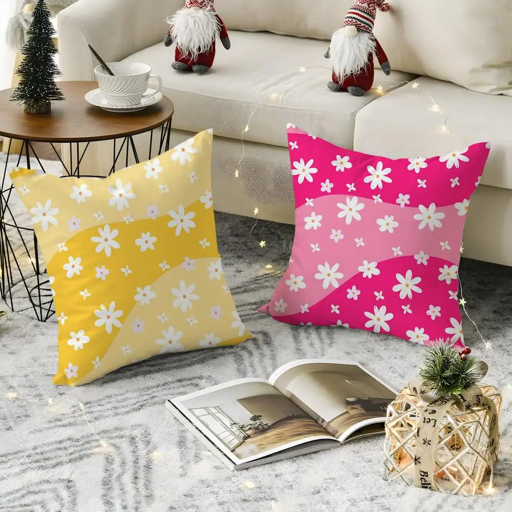 Colorful Daisies Cushion Cover Breathable Linen Pillow Cover Skin-Friendly Home Decor Pillowcase with Hidden Zipper