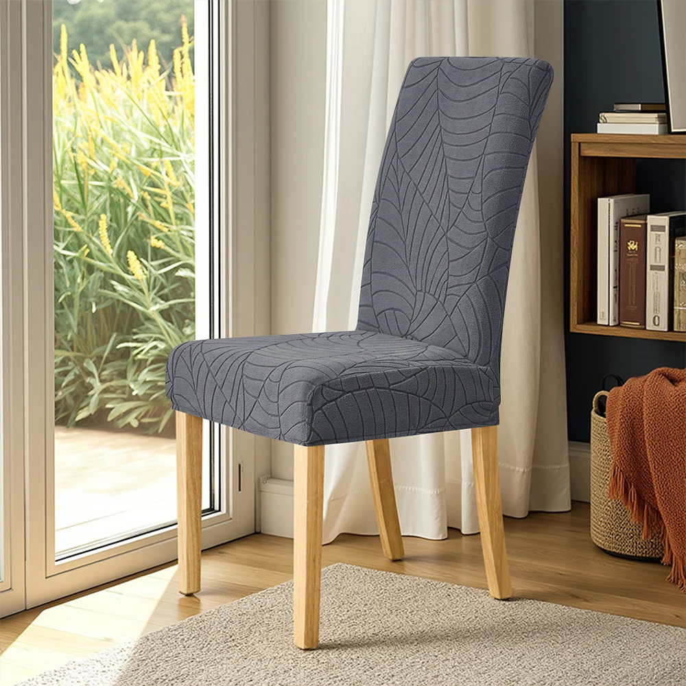 Leaf Vein Pattern Chair Cover Jacquard Soft Chair Seat Covers Dining Room Fluffy Solid Color Elastic Chair Case Dustproof