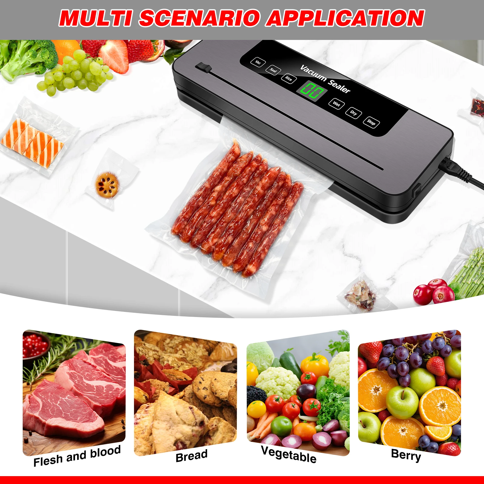 Máquina selladora al vacío de succión fuerte, 6 modos, selladora al vacío de alimentos para mantener la carne, verduras, frutas frescas, incluye 10 bolsas de vacío