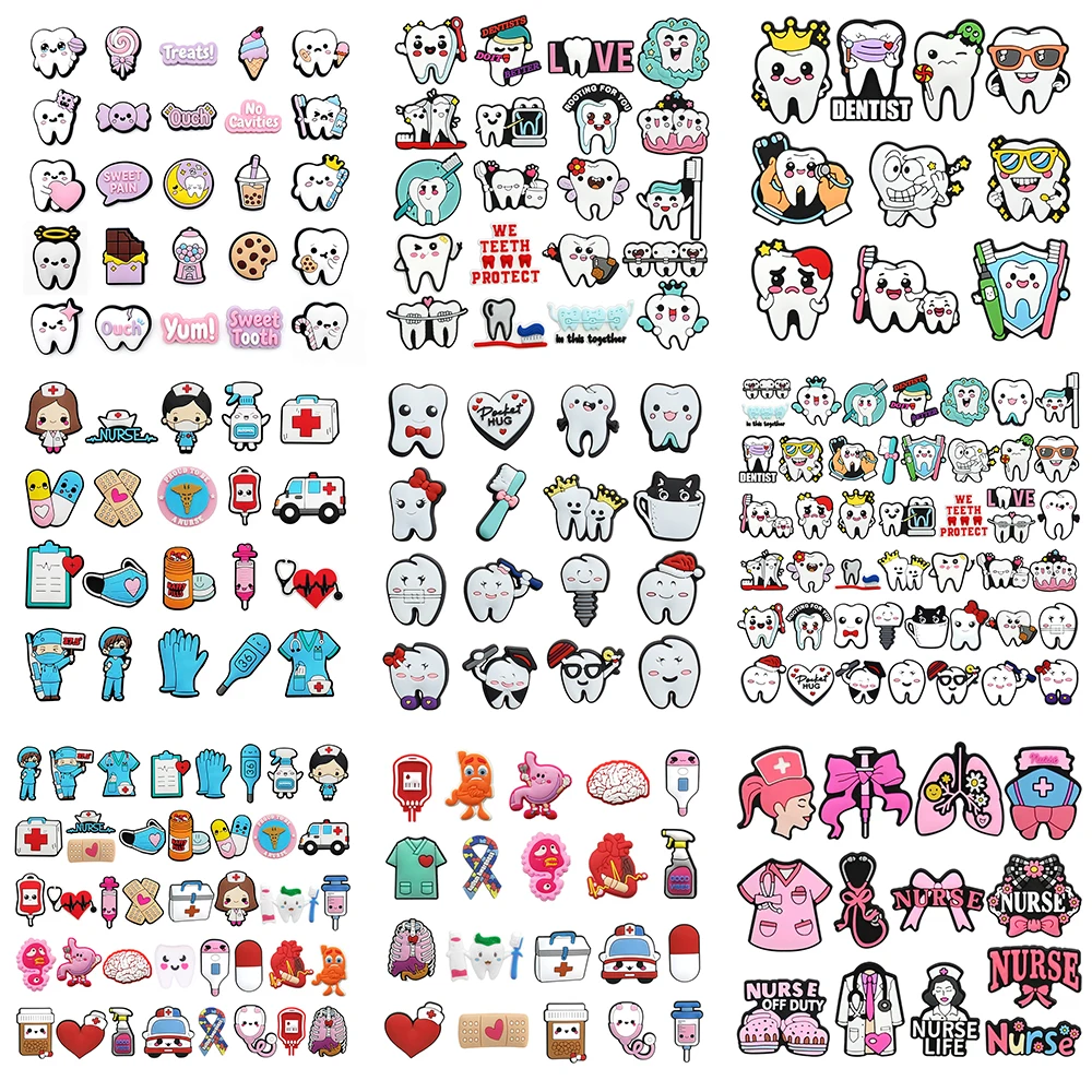 10-46Pcs Medical Nurse Shoe Charms Tooth Health Brush Clog Sandal Shoes Accessories Buckle Decorations Fit Wristband Party Gifts