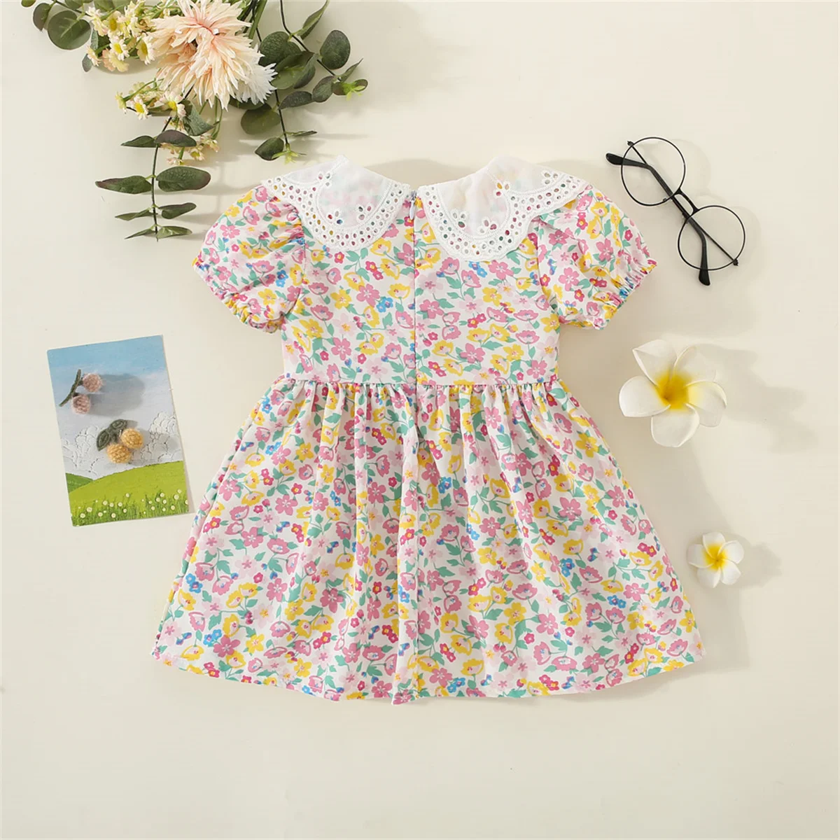 2 pezzi/set della nuova estate vestito floreale per bambini con risvolto manica corta gonna in Chiffon al ginocchio per l\'uso quotidiano