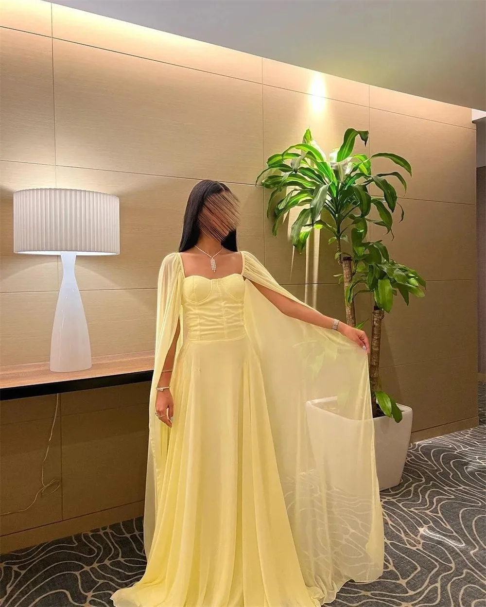 Bella Elegant Yellow Sleeveless Prom Dresses Chiffon A-line Shawl Evening Dress O-Neck Pleats Floor-Length vestidos de fiesta