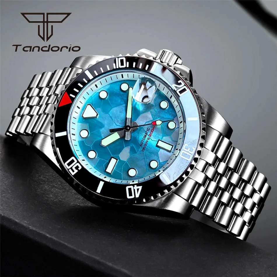 Tandorio Nh35a 40Mm Mode 20bar Heren Duik Automatisch Polshorloge Groenachtig Blauw Mop Wijzerplaat Roterende Bezel Saffier Lichtgevende Datum