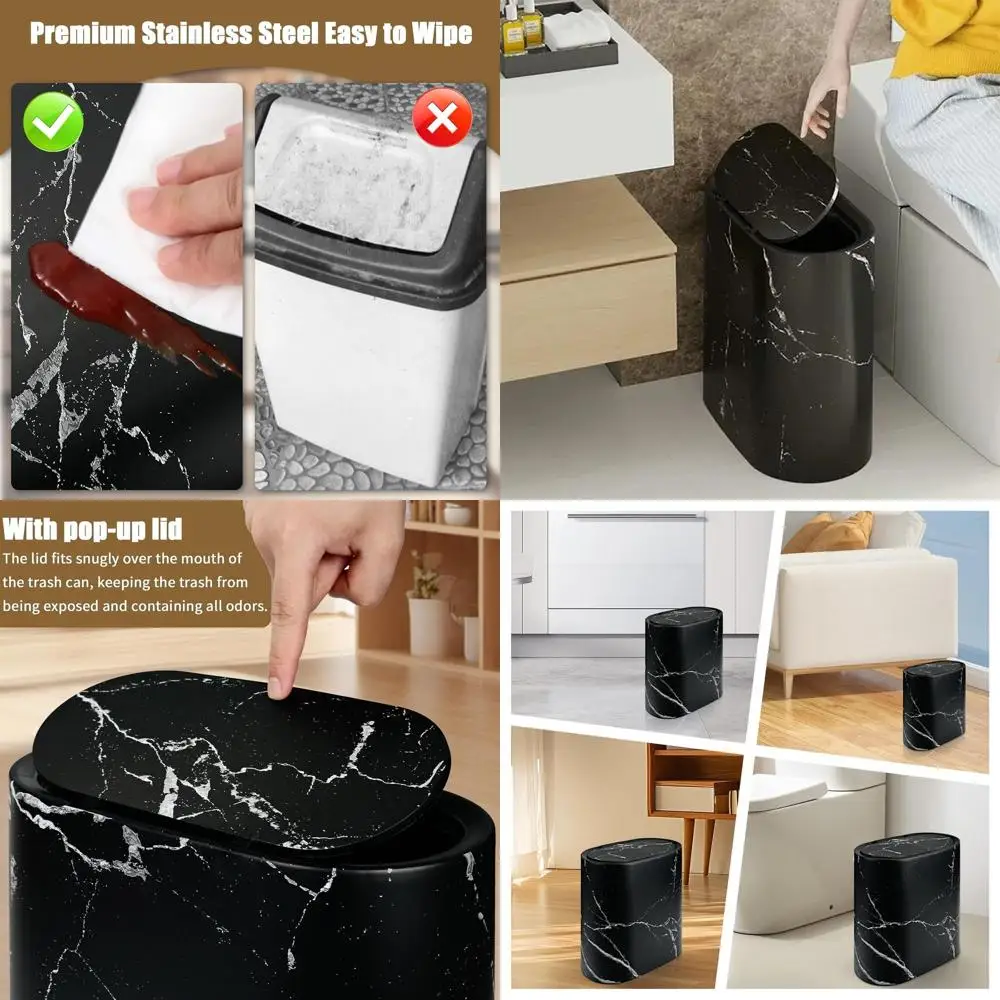 

Modern Plastic Bathroom Trash Bin with Lid, Small Marble Wood Pattern Wastebasket for Home and Hotels