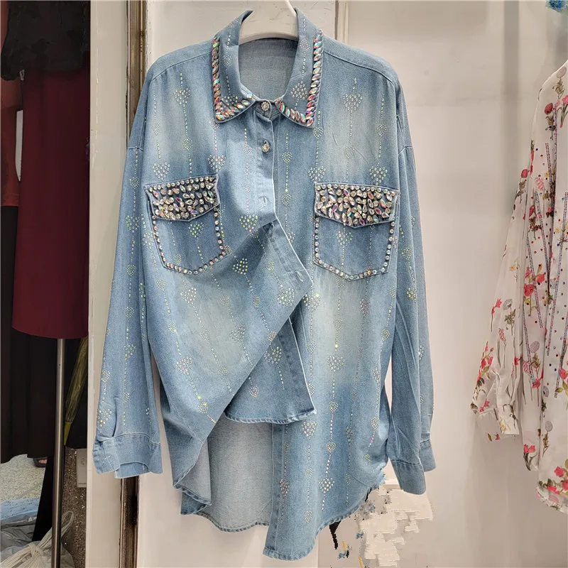 SuperAen Stylish Design Top Women's Spring Autumn 2024 Crystal Hot Diamond Denim Top Casual Loose Shirt