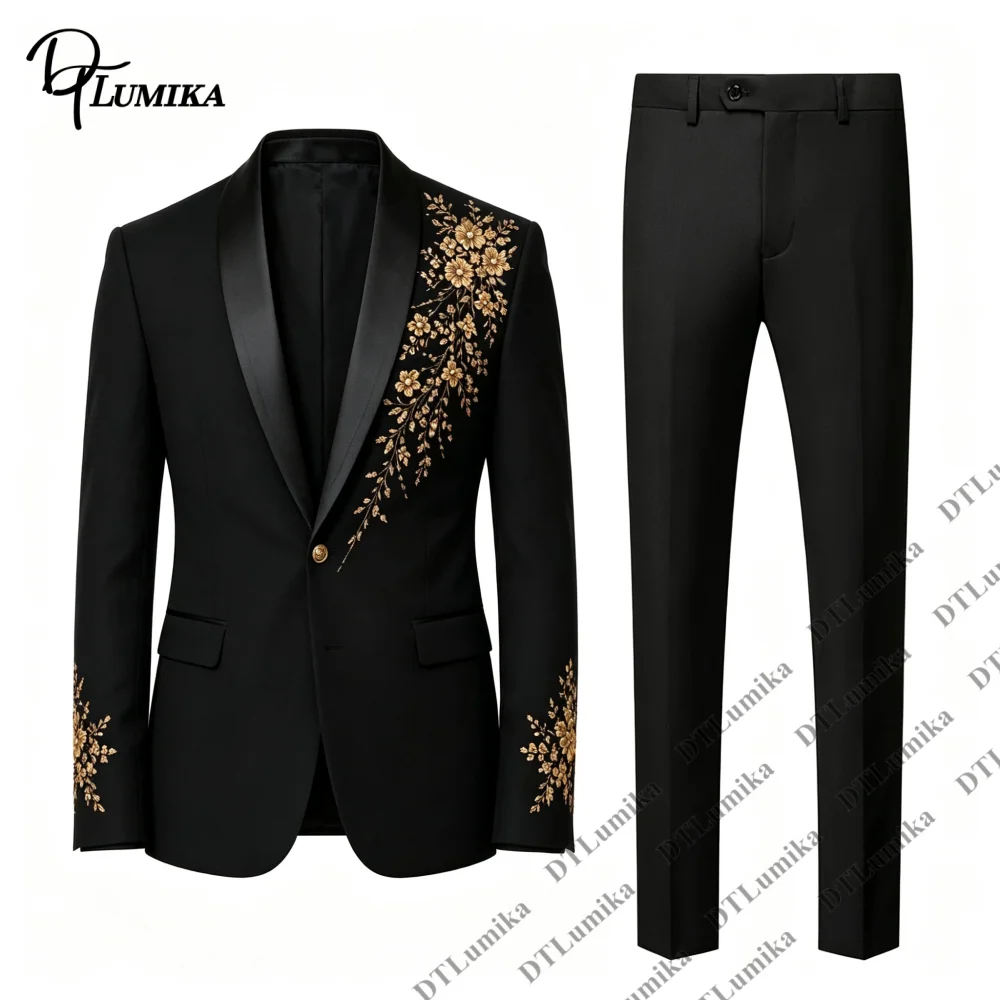Men Ornate Accent 2‑Piece Tuxedo Suit, Fashion‑Forward Blazer & Matching Trousers, Bespoke Gentleman Outfit for Pageant Prom