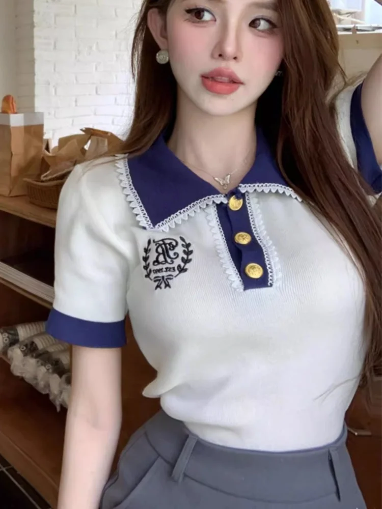 Frence Navy POLO Collar White Shirts Summer Kintting Short Sleeve Soft T-shirts Button Up Lapel Neck Top Elegant Women Sweet Tee