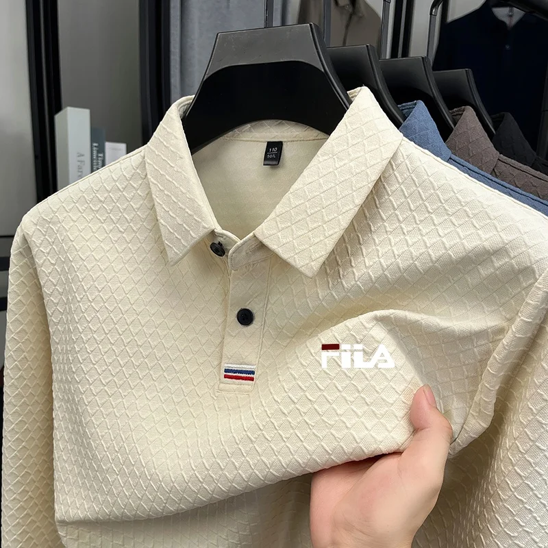 Fashion Men's Autumn New Warm Print Polo Shirt Original Casual Solid Color Long Sleeved T-Shirt Daily Comfort Office Men's Wear